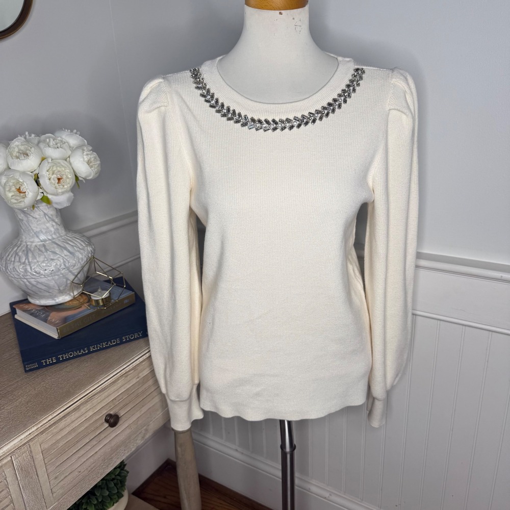 Anne Klein Women Off-White Rhinestone Embellished Puff Sleeve Ribbed Sweater M